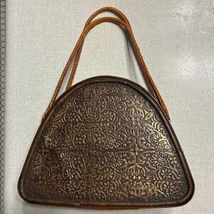 Brown Embossed Metal and Wood Women's Bag